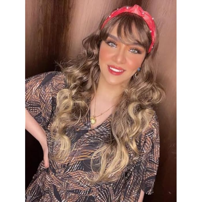 DILLARDS Long Wavy Ombre Wig, Blonde Brown Hair With Bangs, Heat Resistant Synthetic Curls - Image 4